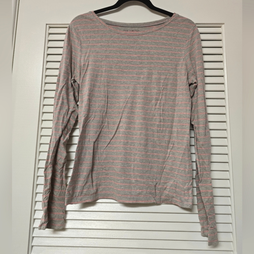 The Limited - Striped Long-Sleeve Pink & Grey Top